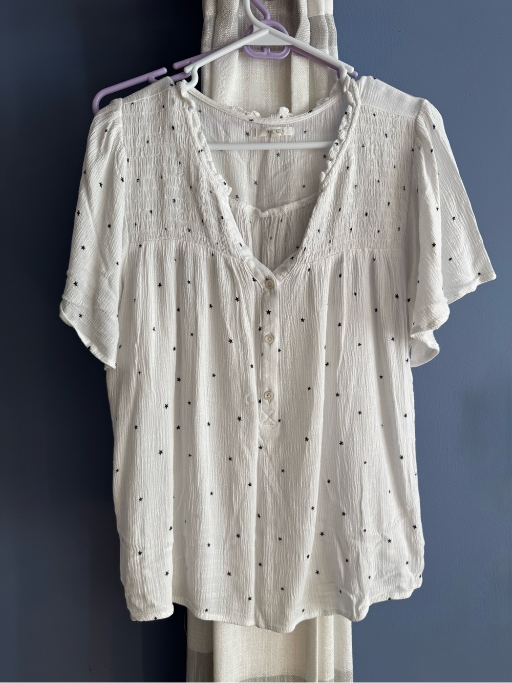Women’s White Short-Sleeve Button Front Top with Black star Pattern